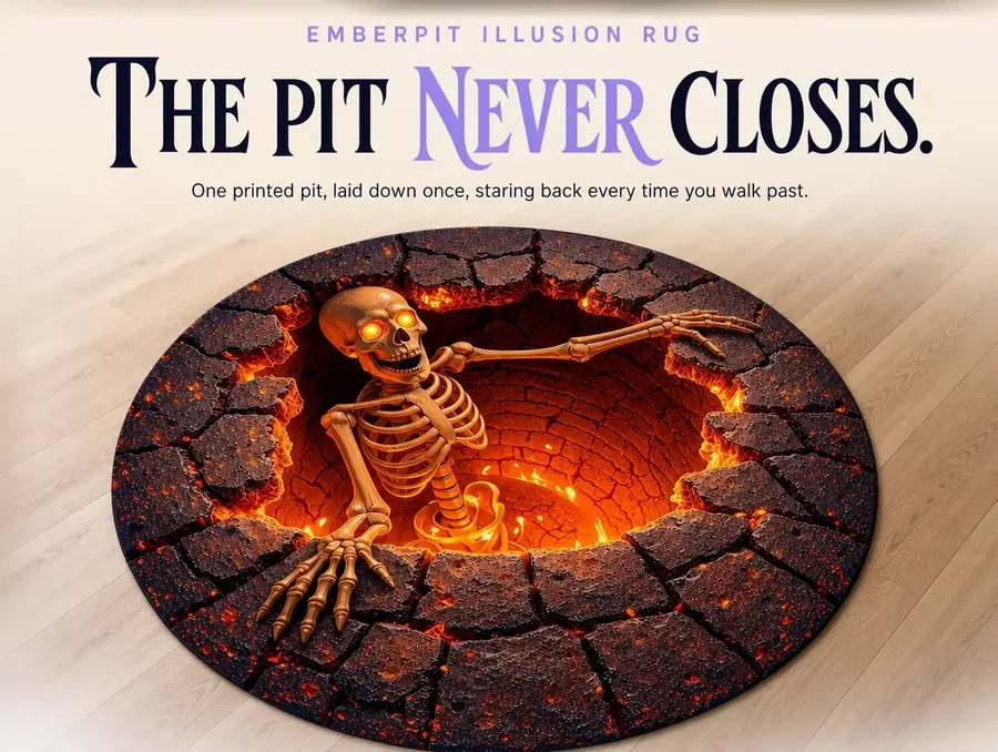 Final hero shot of a round rug fully showing its fiery skeleton-in-lava-pit illusion design