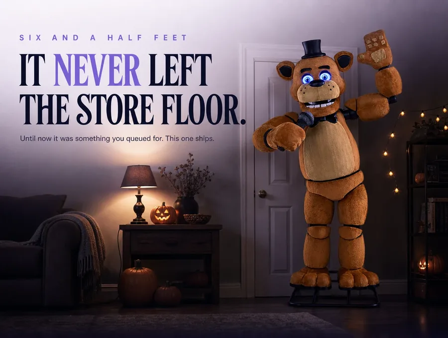 The bear lit in a dark living room, arm raised and blue eyes on, under the line It never left the store floor.