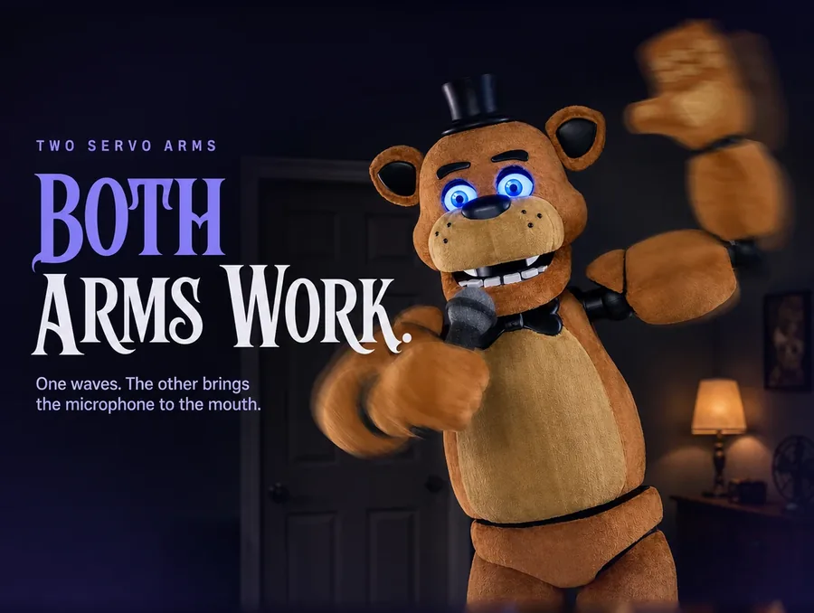 Long exposure in a dark room: both of the bear's arms blurred in movement while the body stays sharp.