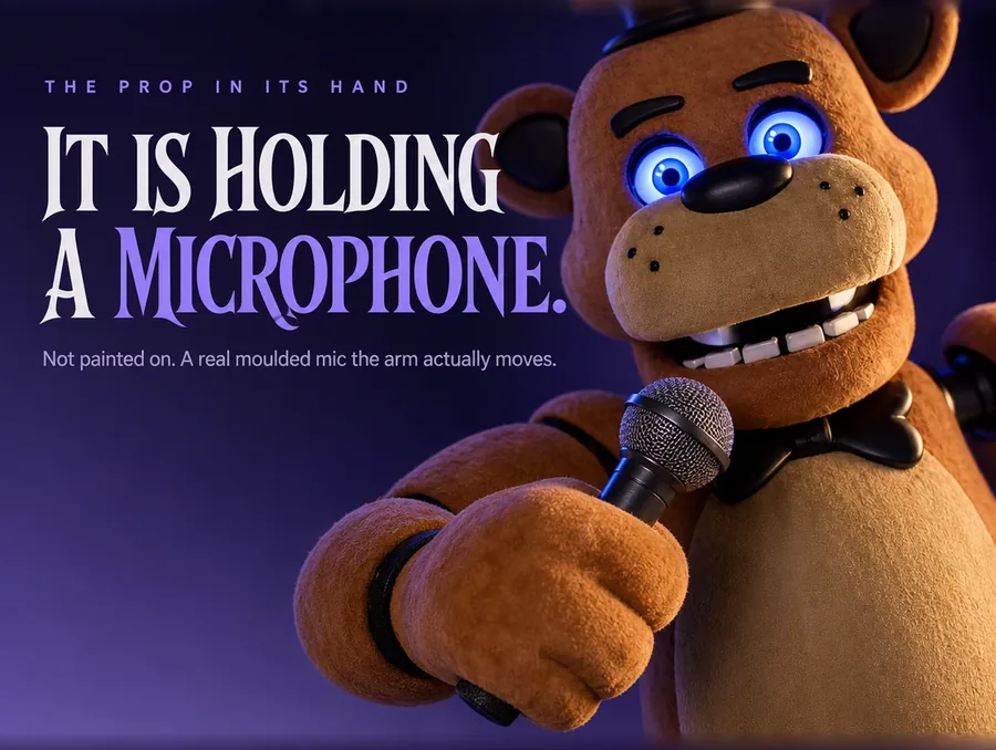 Close crop of the bear's paw closed around the silver microphone, bow tie behind it.