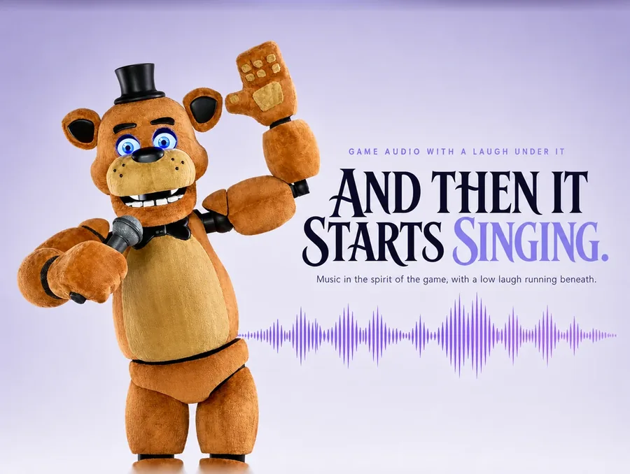 The bear cut out on a pale ground with a violet audio waveform running out of its open muzzle.