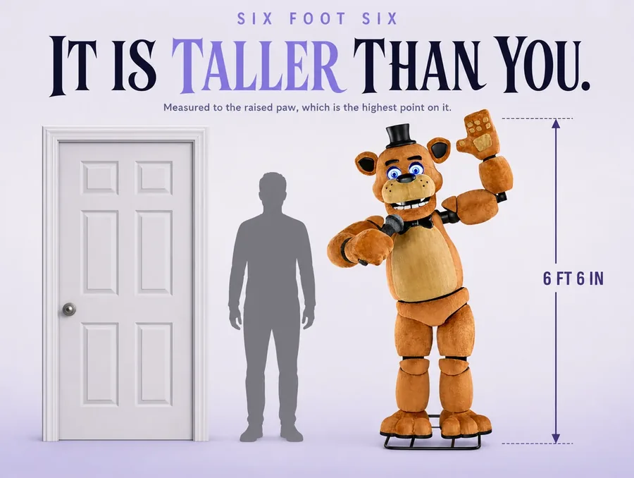 Size diagram on a pale ground: the bear measured at 6 ft 6 in beside a grey adult silhouette and a door.