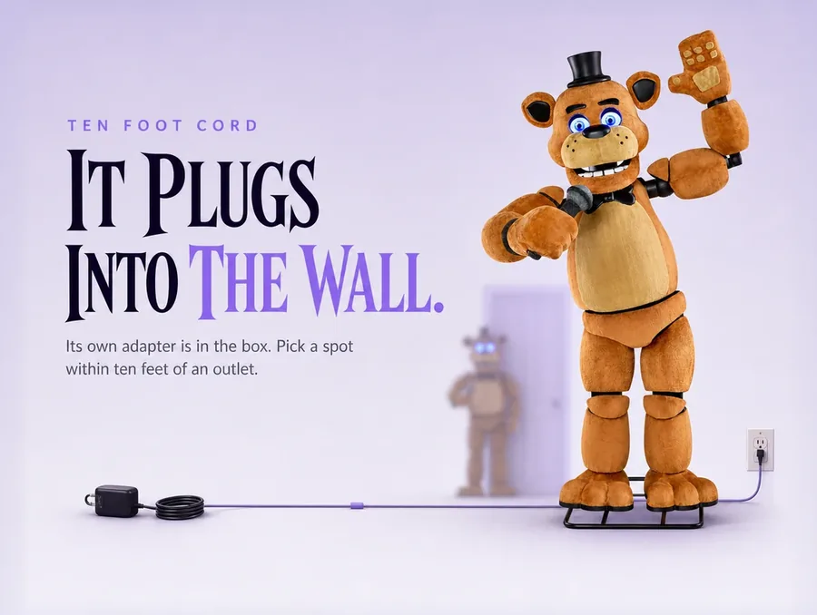 Flat panel on a pale ground: a black power adapter with a coiled cord and a violet line running to a wall outlet.