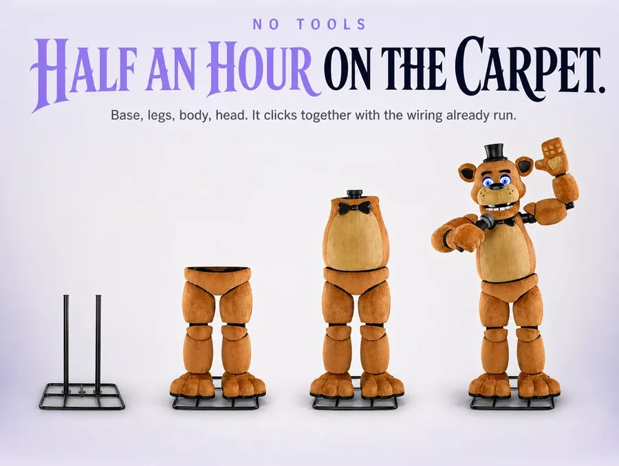 Four build stages of the bear side by side on a pale ground, from bare base to finished figure.