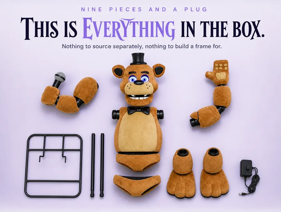 Overhead flat-lay of the bear's parts on a pale ground: base, leg poles, torso, arms, feet, hips, head and adapter.