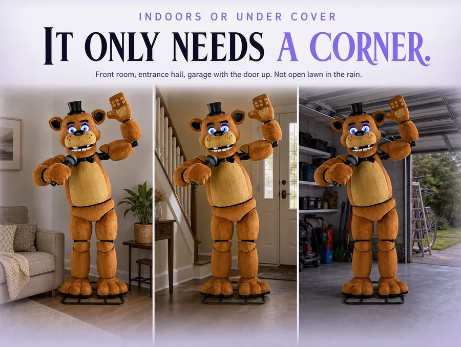 Three bands showing the bear standing in a front room, an entrance hall and an open garage.