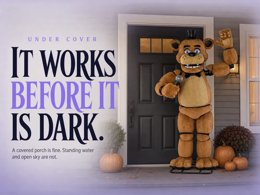 The bear standing beside a front door on a covered porch in daylight, its eyes unlit.