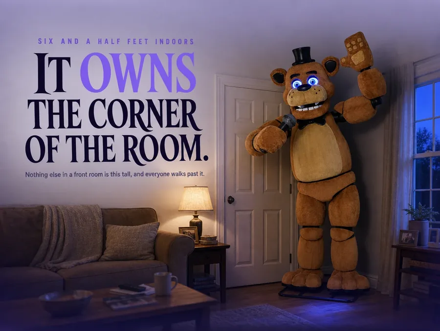 The bear standing in the corner of a front room at early evening with the lamps just on.