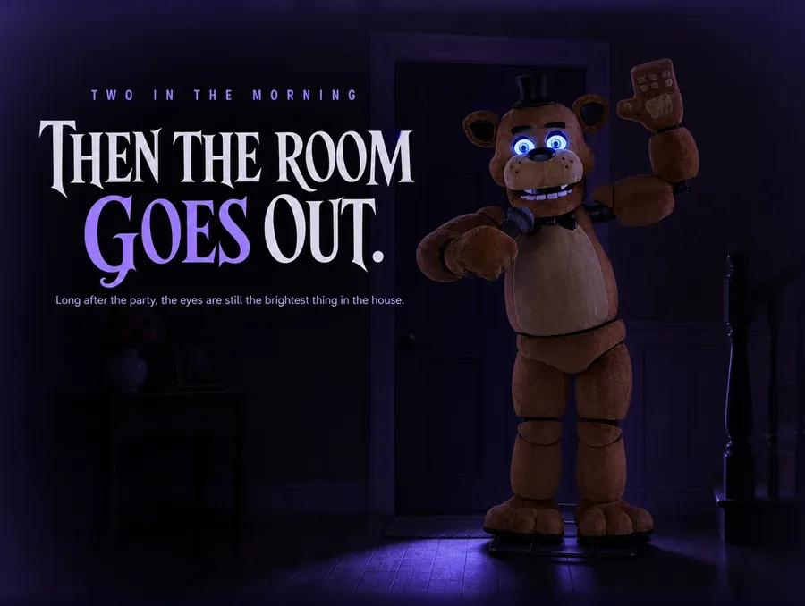 The same front room in full darkness, only the bear's lit blue eyes and their wash on the floor visible.