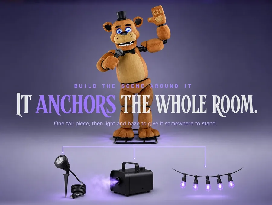 Studio arrangement: the bear above a row of three companion props joined by thin violet lines.