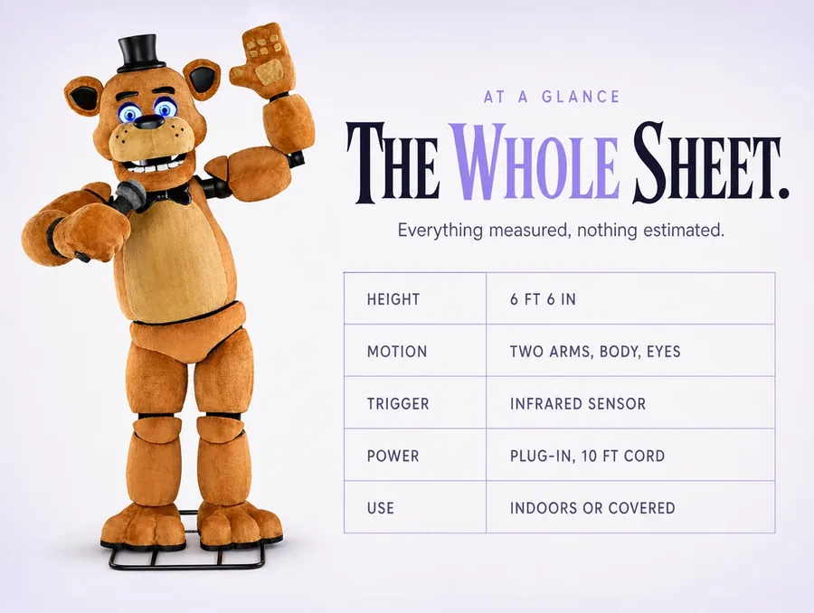 Spec sheet: the bear cut out on the left, a five-row table on the right with height, motion, trigger, power and use.