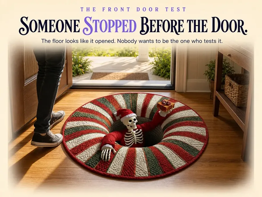 A pair of sneakers pausing at the edge of a rug printed with a skeleton in a Santa coat climbing from a striped hole.