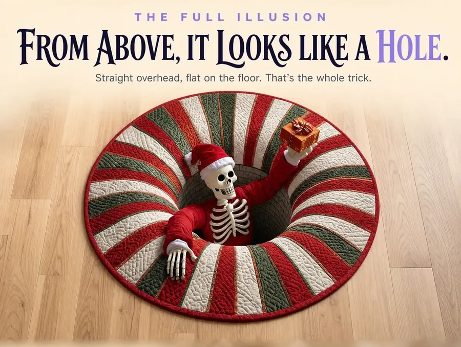 Overhead view of the round rug alone on a wood floor, showing the full striped hole illusion and the climbing skeleton.