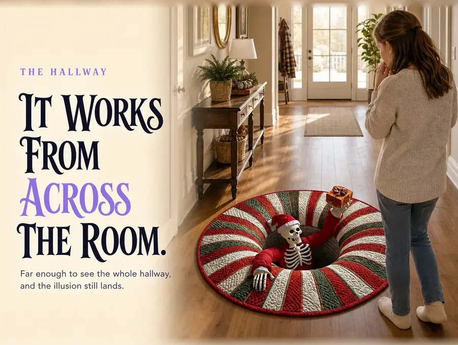 A family member stopped mid-stride in a daylight hallway, looking down at the illusion rug several feet ahead.