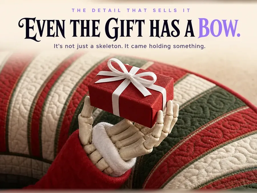 Macro crop of the skeleton's bony hand holding a small red-wrapped gift with a white ribbon on the printed rug.