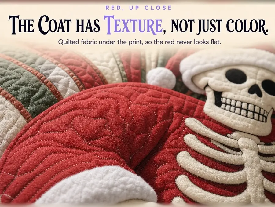 Close-up of the printed red Santa coat and white fur trim on the rug's quilted fabric surface.