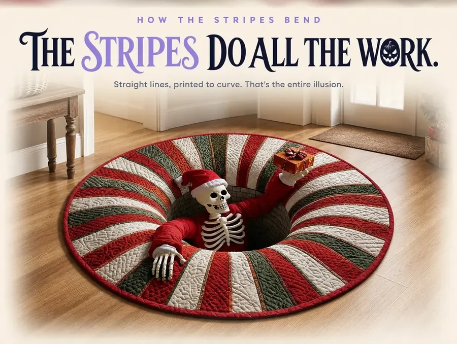 Close crop of the red, white and green striped pattern bending from flat floor stripes into a spiraling illusion of depth.