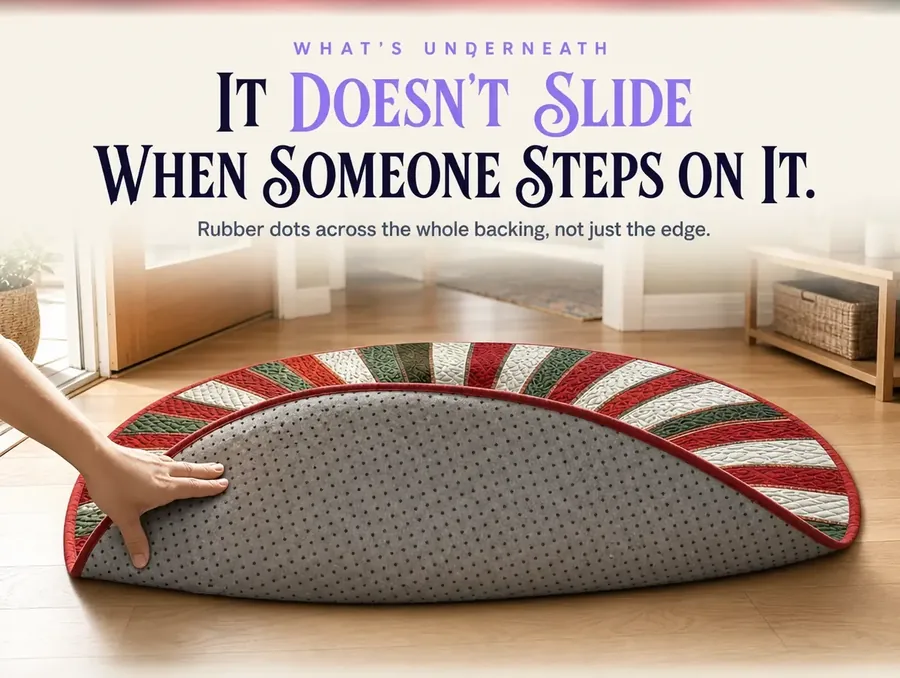 The rug flipped over, showing the plastic backing covered in small rubber non-slip dots.
