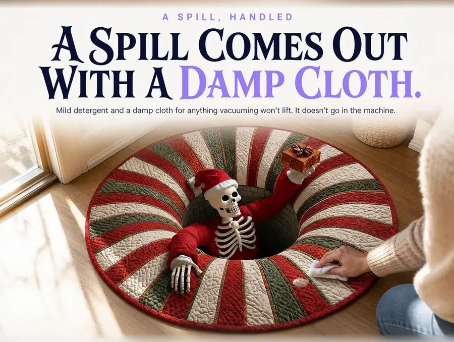A hand spot-cleaning a small stain on the rug's white stripe with a damp cloth.