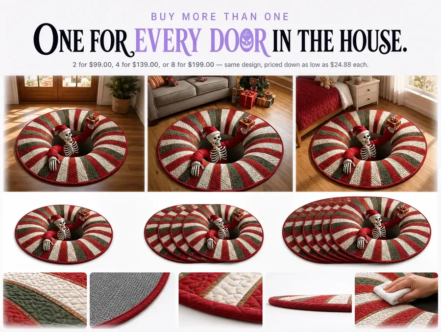 Three groupings of the same illusion rug fanned out on white — two, four and eight of the same design.