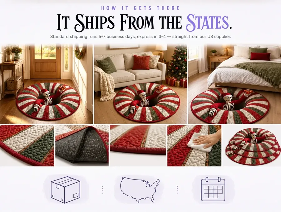 Flat line-art panel with a shipping carton, a US map, and a calendar icon.