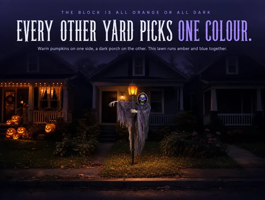 Three yards at night side by side - warm pumpkins, a dark porch, and the ghoul running both amber and blue