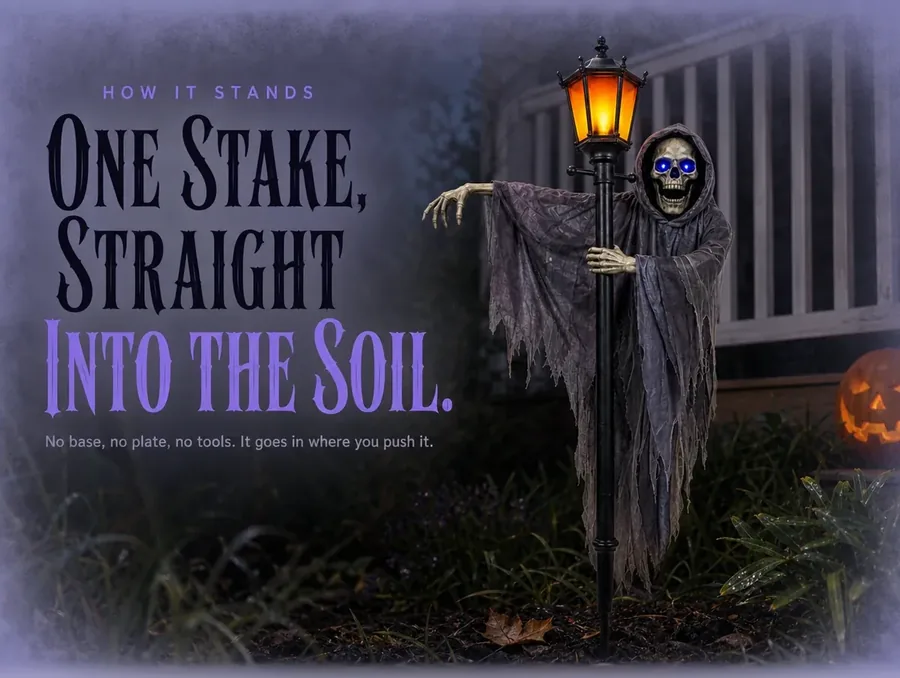 Ground-level view of the thin metal stake pushed straight into dark garden soil