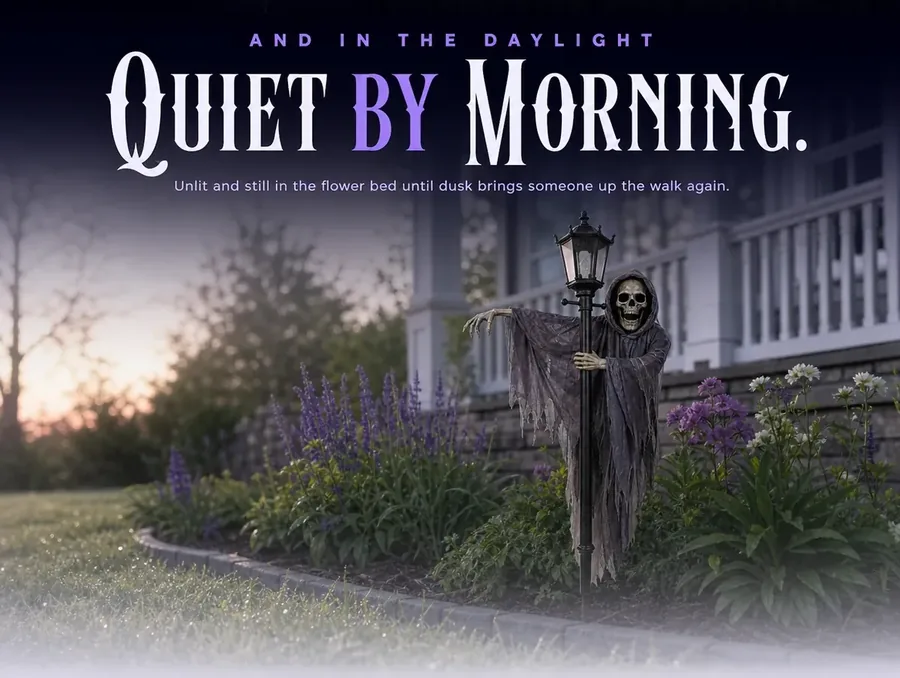 The unlit gaslight ghoul in a dewy garden at first light, calm and still