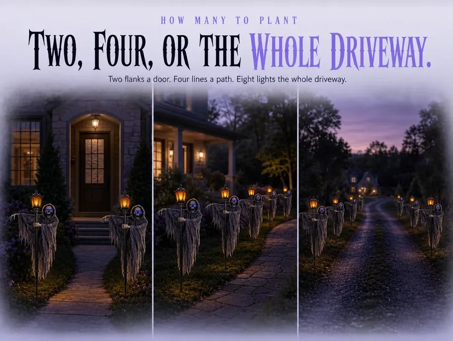 One property shown three ways at dusk: two flanking the door, four along the path, eight down the driveway
