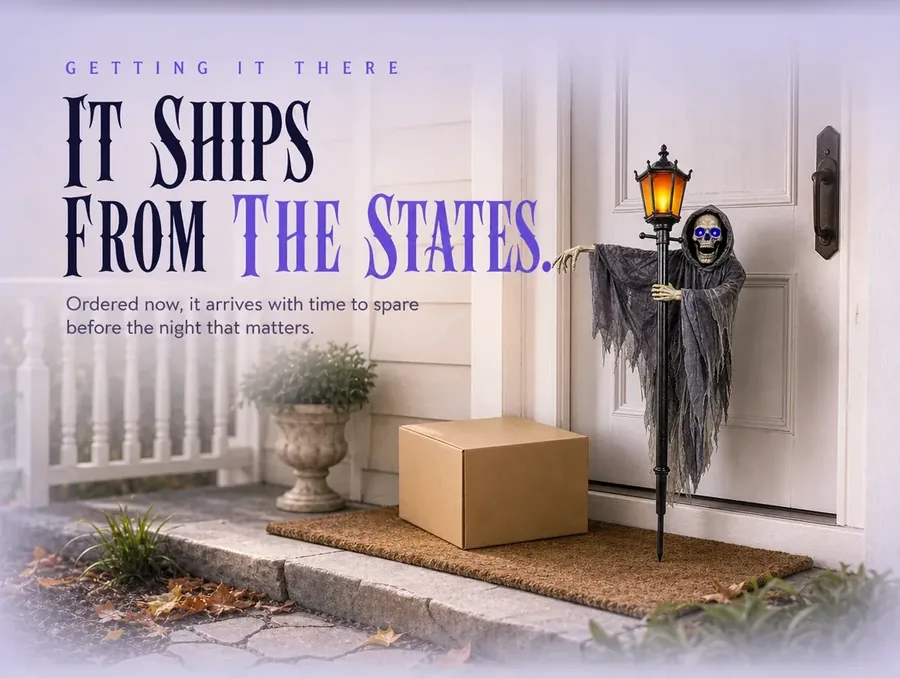 A plain parcel on a bright porch with the unlit gaslight ghoul leaning beside the door