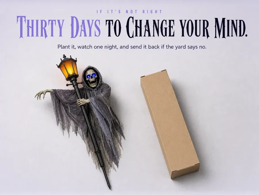 The unlit gaslight ghoul laid neatly beside its plain carton on pale paper