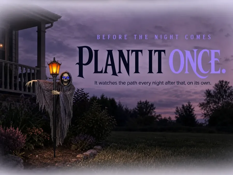 The lit gaslight ghoul at dusk with the rest of the frame open to soft violet sky