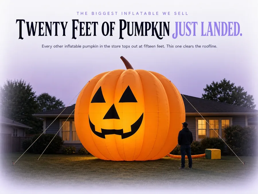 Full daylight shot of a giant twenty-foot inflatable jack-o'-lantern on a front lawn beside a house.