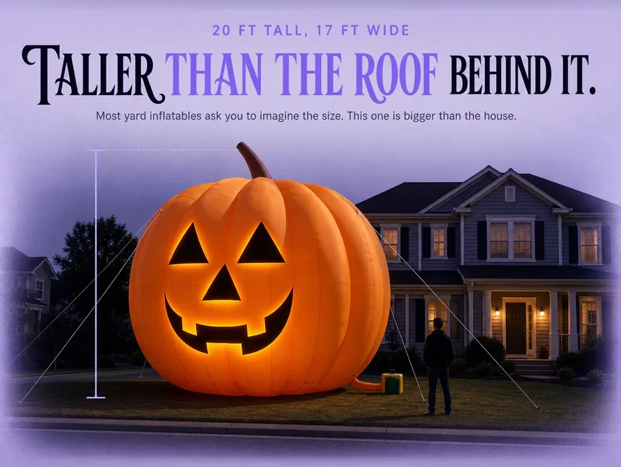 Scale comparison showing the giant inflatable pumpkin standing taller than a two-story house roofline.