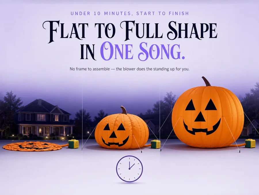 Three-stage panel showing the giant inflatable pumpkin going from flat to fully upright in under ten minutes.