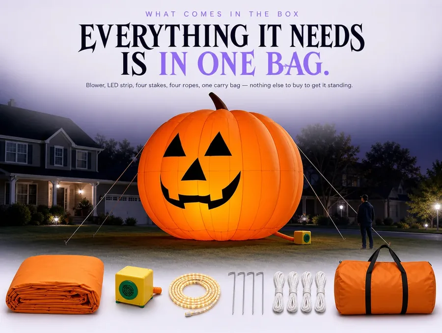 Overhead flat-lay of the giant inflatable pumpkin's folded fabric, blower, LED strip, stakes, ropes and carry bag.