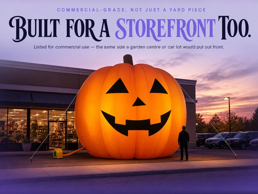 The giant inflatable pumpkin displayed in front of a small commercial storefront in late-afternoon light.