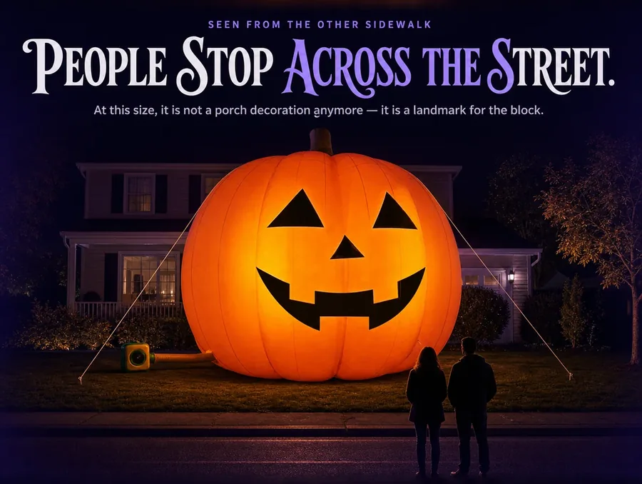 The lit giant inflatable pumpkin seen at night from across the street, with two distant figures pausing to look.
