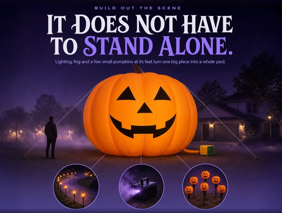 Diagram connecting the giant inflatable pumpkin to three smaller companion props: lights, fog and small pumpkins.