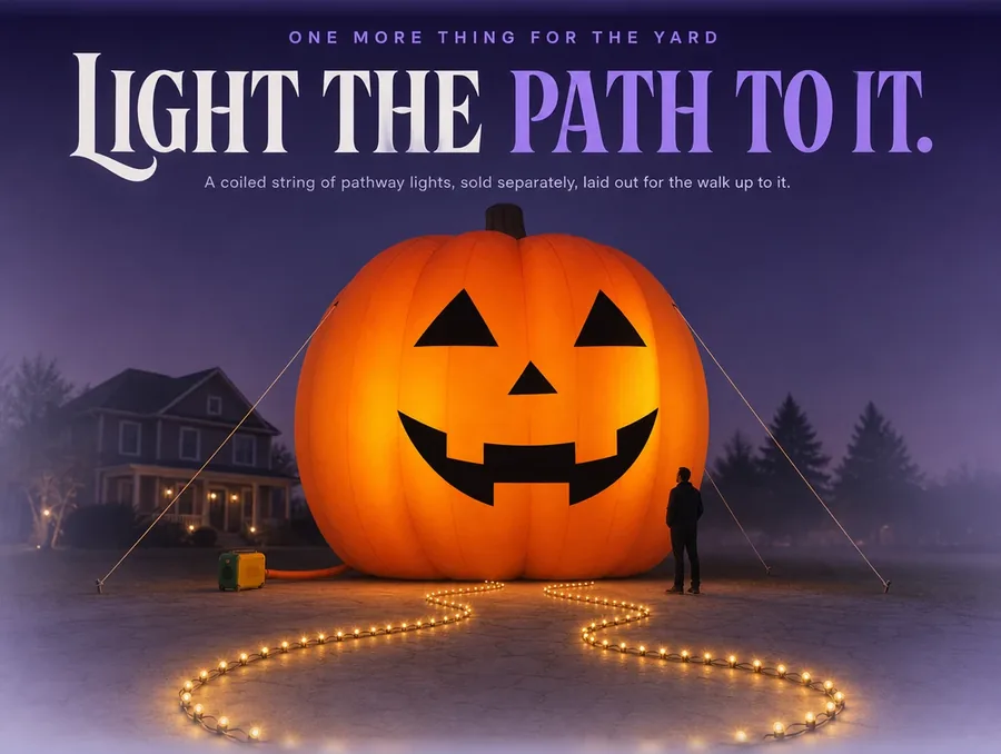 Studio shot of a coiled string of pathway lights with the giant inflatable pumpkin blurred in the background.