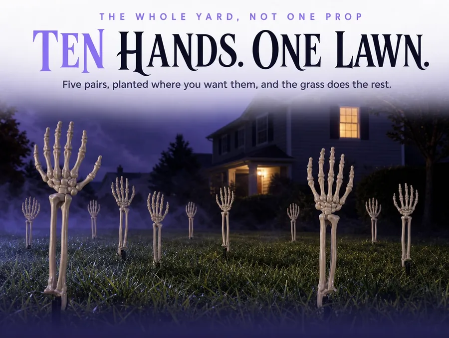 Ten bone arm stakes planted across a dark front lawn at night, a single warm window lit in the house behind.