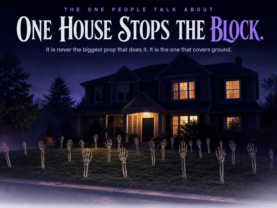 A whole house seen from across the street at night, its lawn covered in planted bone arms.