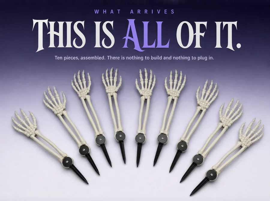 Overhead view of all ten arm pieces laid out in a fan on a pale ground.