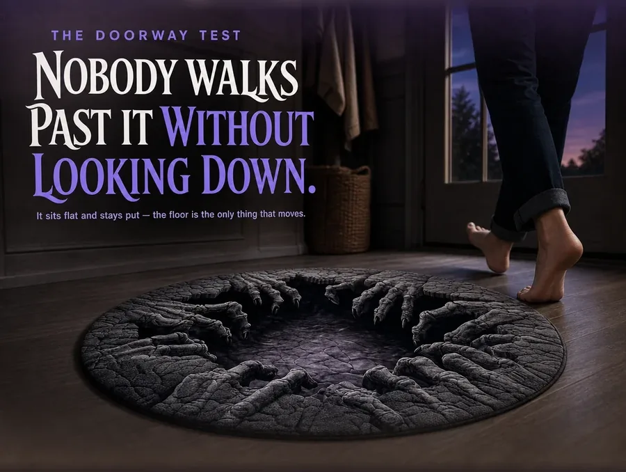 Bare feet stepping past a round illusion rug at dusk, its hands seeming to reach up from a hole in the floor.