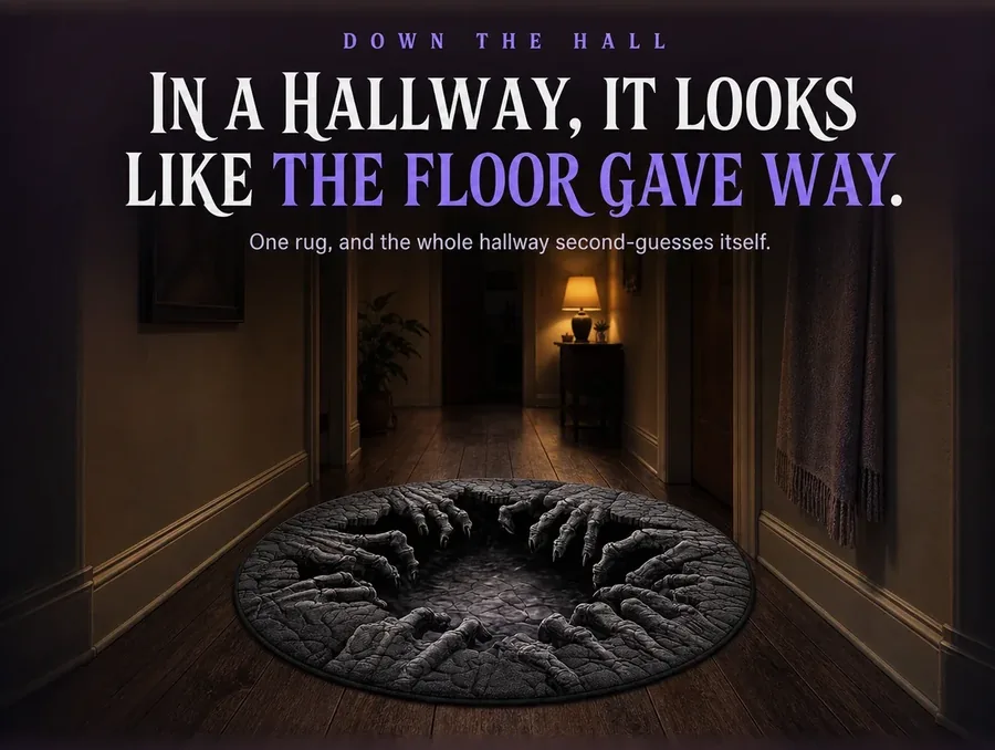 A dim hallway at dusk with a round illusion rug that reads like a hole broken through the floorboards.