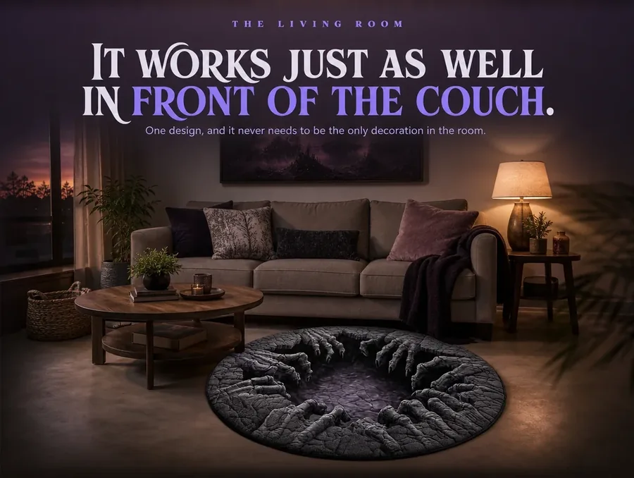 A living room at dusk with a monochrome illusion rug placed on the floor in front of a sofa.