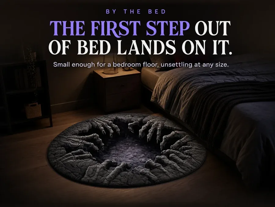 A bedroom rug beside the bed printed with grey hands climbing out of a dark pit, lit by a bedside lamp.