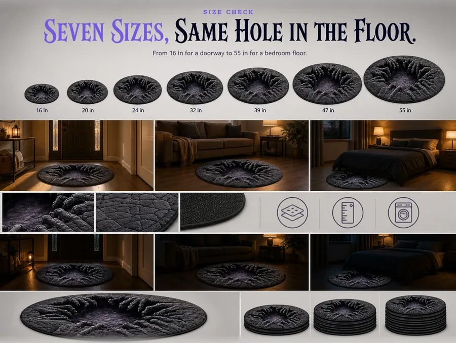 Seven illusion rugs shown side by side at true scale from smallest to largest with size labels.