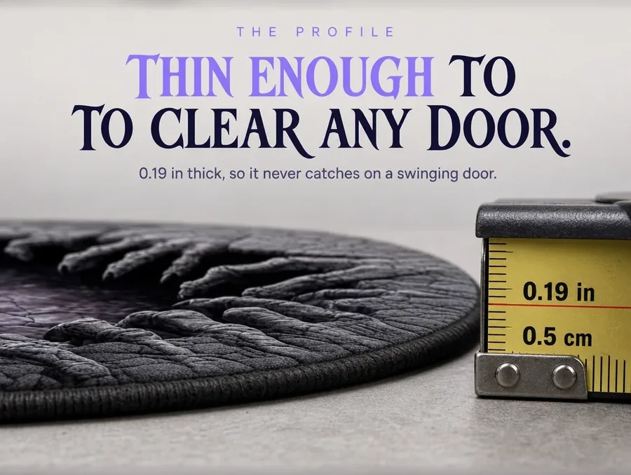 Macro side profile of the rug's slim edge next to a measuring tape showing its 0.19-inch thickness.