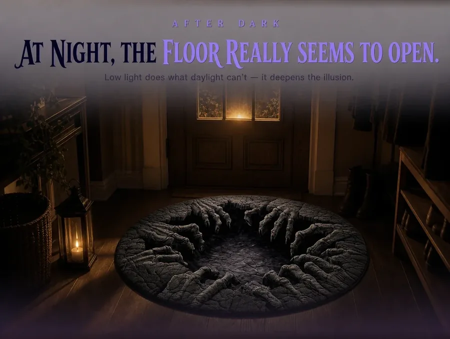 The entryway illusion rug at night, low raking light making its printed pit look genuinely three-dimensional.